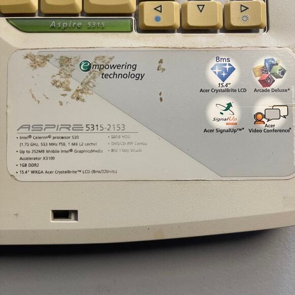 ACER Aspire 5315-2153 Intel Celeron Processor 530 Crystalbrite 15.4 PARTS ONLY - Picture 5 of 7